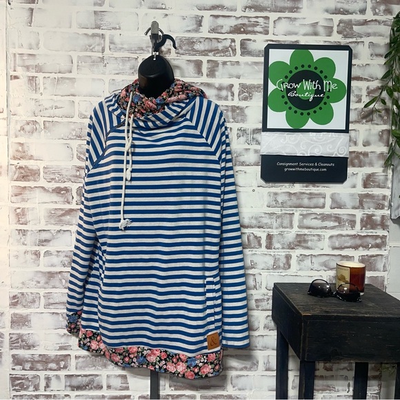 AMPERSAND AVE Blue and White Striped Hoodie - Picture 1 of 5